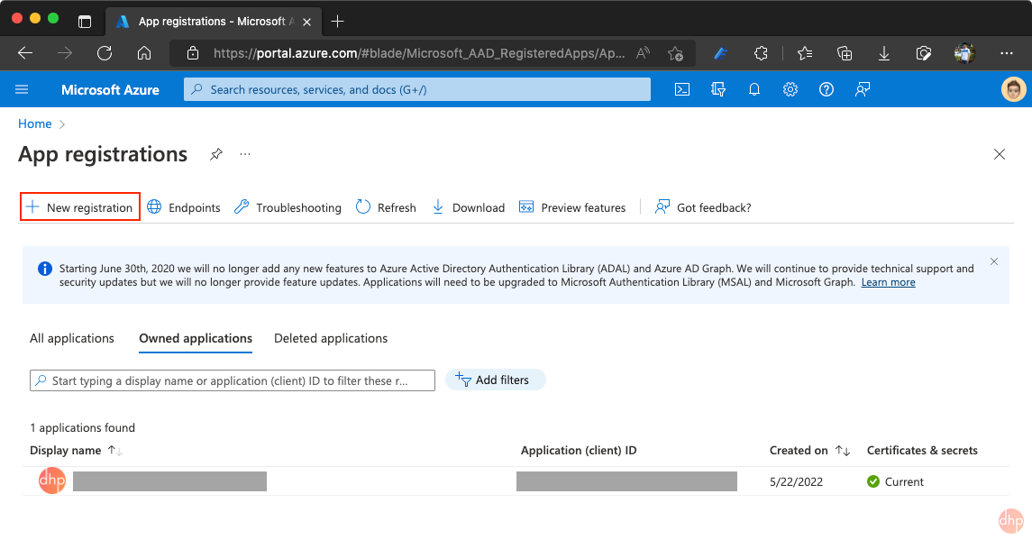 Fig 1. App registration - Microsoft Azure portal