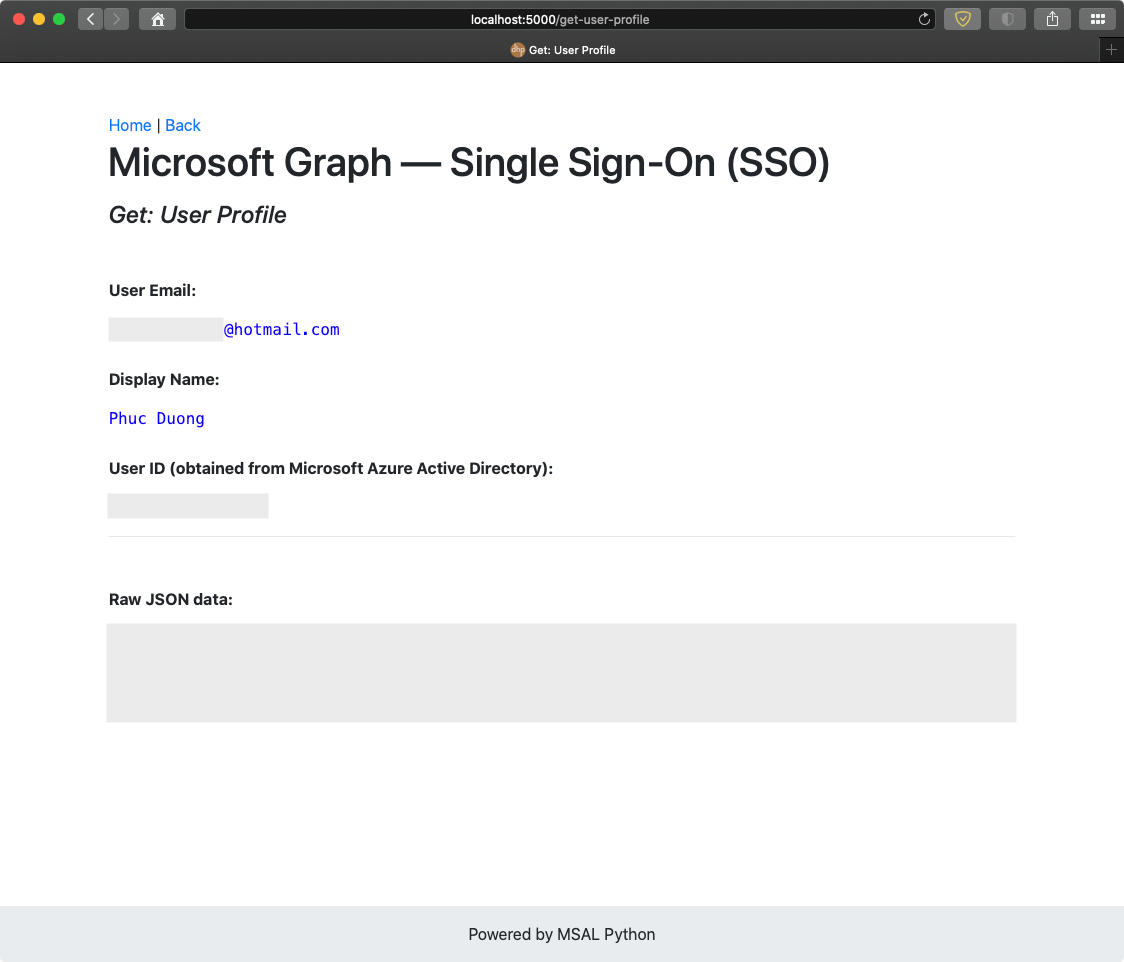 Fig. 6. Get and render the user profile with basic information such as email address, name, and user id obtained from Microsoft Azure Active Directory